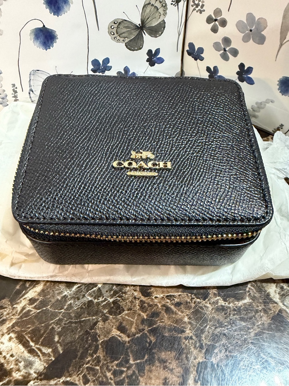 Coach Black Pebbled Leather Zip-Top Jewelry Case with Gold Logo